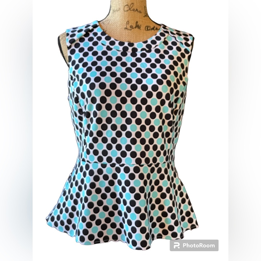 Worthington Black and Turquoise Polka Dot Large Peplum Style Top